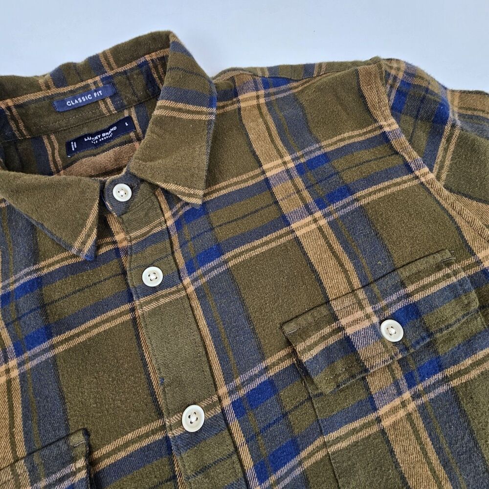 Lucky Brand Mens Large Flannel Shirt Olive Green Plaid Classic Fit Cotton